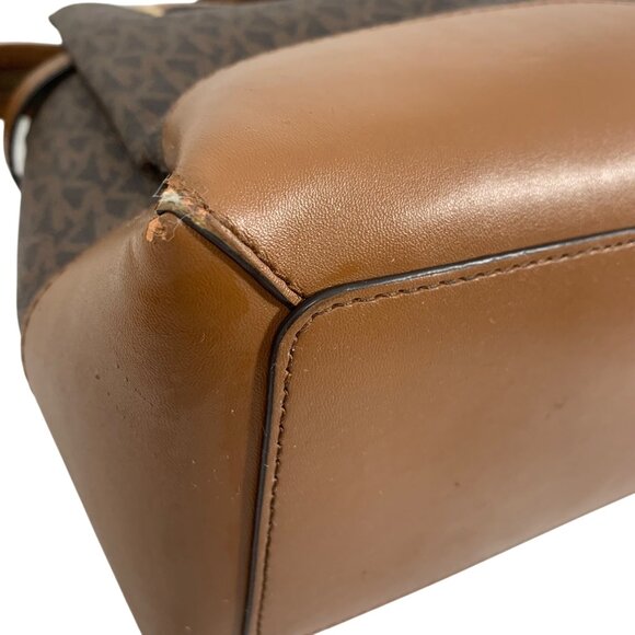 Michael Kors Reed Large Belted Satchel Bag Purse Brown MK Signature Logo FLAW - Picture 12 of 16